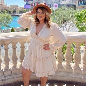 Ruffle V Neck Long sleeve Backless Swing Mini Dress